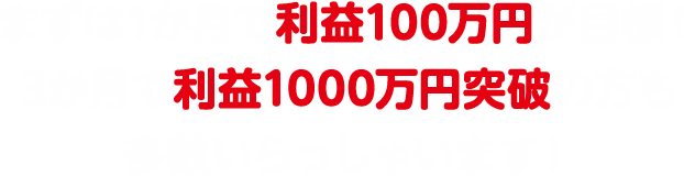 まずは1か月で利益100万円が目標！3か月で利益1000万円とっぱの方も多数いらっしゃいます！
