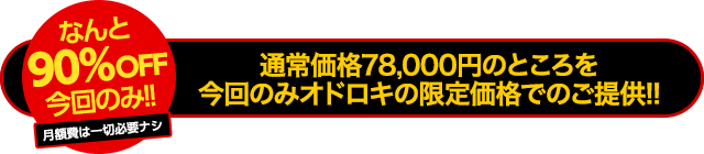 【先着100名様限定】なんと90％OFF今回のみ！通常価格78,000円のところを今回のみオドロキの限定価格でのご提供！