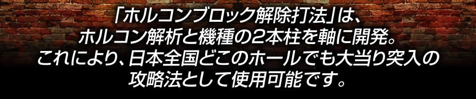 「ホルコンブロック解除打法」は、ホルコン解析と機種の2本柱を軸に開発。これにより、日本全国どこのホールでも大当り突入の攻略法として使用可能です。