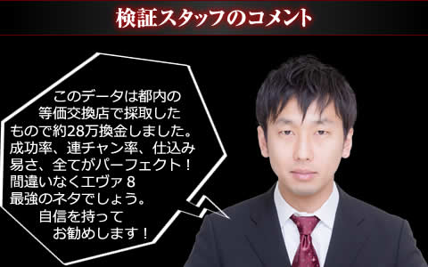 このデータは都内の等価交換店で採取したもので約28万換金しました。成功率、連チャン率、仕込み易さ、全てがパーフェクト！間違いなく『CRエヴァンゲリオン8』最強のネタでしょう。自信を持ってお勧めします！