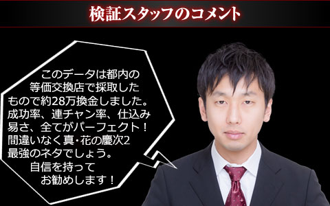 このデータは都内の等価交換店で採取したもので約28万換金しました。成功率、連チャン率、仕込み易さ、全てがパーフェクト！間違いなく『CR真・花の慶次2』最強のネタでしょう。自信を持ってお勧めします！