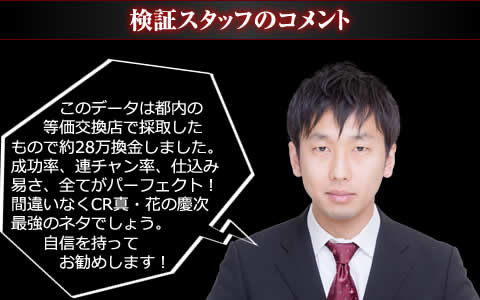 このデータは都内の等価交換店で採取したもので約28万換金しました。成功率、連チャン率、仕込み易さ、全てがパーフェクト！間違いなく『CR真・花の慶次』最強のネタでしょう。自信を持ってお勧めします！