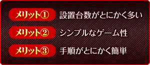 【メリット１】設置台数がとにかく多い 【メリット２】シンプルなゲーム性 【メリット３】手順がとにかく簡単