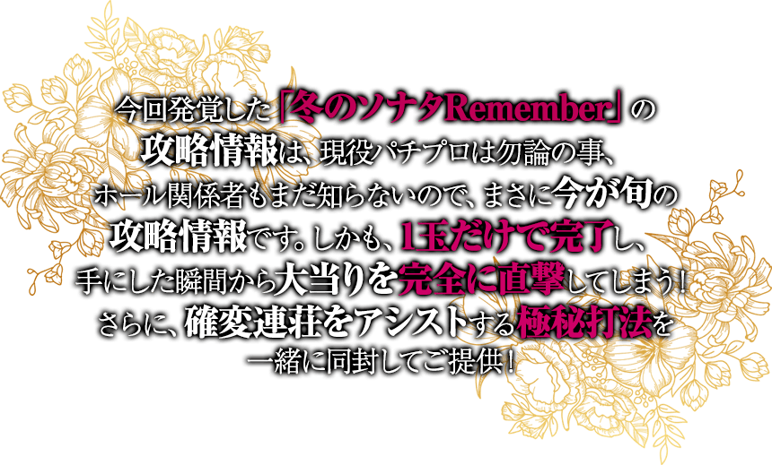 今回発覚した「冬のソナタRemember」の攻略情報は、現役パチプロは勿論の事、ホール関係者もまだ知らないので、まさに今が旬の攻略情報です。しかも、1玉だけで完了し、手にした瞬間から大当りを完全に直撃してしまう！さらに、確変連荘をアシストする極秘打法を一緒に同封してご提供！