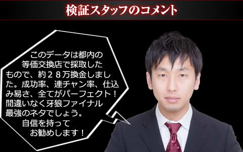 このデータは都内の等価交換店で採取したもので、約28万換金しました。成功率、連チャン率、仕込み易さ、全てがパーフェクト！間違いなく牙狼ファイナル最強のネタでしょう。自信を持ってお勧めします！