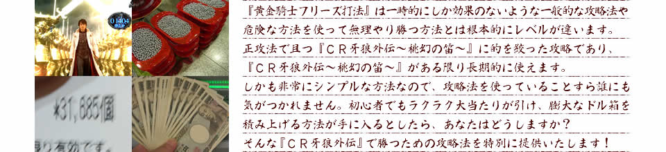 『黄金騎士フリーズ打法』は一時的にしか効果のないような一般的な攻略法や危険な方法を使って無理やり勝つ方法とは根本的にレベルが違います。正攻法で且つ『CR牙狼外伝～桃幻の笛～』に的を絞った攻略であり、『CR牙狼外伝～桃幻の笛～』がある限り長期的に使えます。しかも非常にシンプルな方法なので、攻略法を使っていることすら誰にも気がつかれません。初心者でもラクラク大当たりが引け、膨大なドル箱を積み上げる方法が手に入るとしたら、あなたはどうしますか？そんな「CR牙狼外伝～桃幻の笛～」で勝つための攻略法を特別に提供いたします！