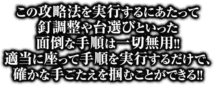 3000FEVER完全操作直撃打法を実行するにあたって釘調整や台選びといった面倒な手順は一切無用！適当に座って手順を実行するだけで、確かな手ごたえを掴むことができる！