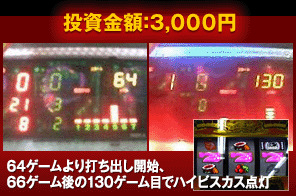 64ゲームより打ち出し開始、66ゲーム後の130ゲーム目でハイビスカス点灯