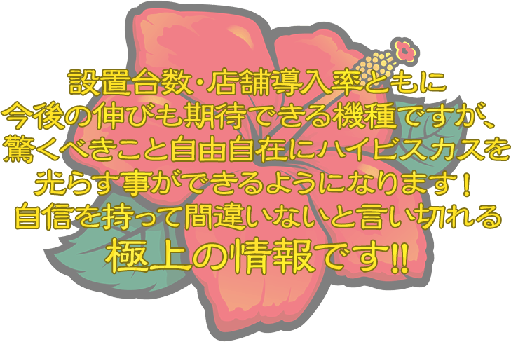 設置台数・店舗導入率ともに今後の伸びも期待できる機種ですが、驚くべきこと自由自在にハイビスカスを光らす事ができるようになります！自信を持って間違いないと言い切れる極上の情報です!!