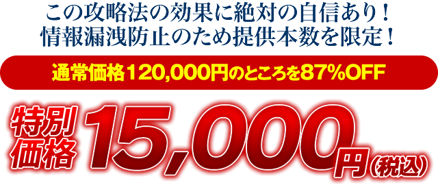 この攻略法の効果に絶対の自信あり！情報漏洩防止のため提供本数を限定！【通常価格120,000円のところを87％OFF】特別価格15,000円（税込）