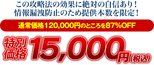 この攻略法の効果に絶対の自信あり！情報漏洩防止のため提供本数を限定！【通常価格120,000円のところを87％OFF】特別価格15,000円（税込）