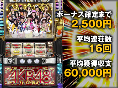 【ぱちスロAKB48 バラの儀式】ボーナス確定まで:2,500円
平均連荘数:16回
平均獲得収支:60,000円