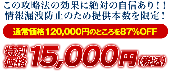 この攻略法の効果に絶対の自信あり！情報漏洩防止のため提供本数を限定！通常価格120000円のところを87％OFF