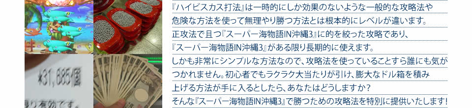 『ハイビスカス打法』は一時的にしか効果のないような一般的な攻略法や危険な方法を使って無理やり勝つ方法とは根本的にレベルが違います。正攻法で且つ『CRスーパー海物語IN沖縄3』に的を絞った攻略であり、『CRスーパー海物語IN沖縄3』がある限り長期的に使えます。しかも非常にシンプルな方法なので、攻略法を使っていることすら誰にも気がつかれません。初心者でもラクラク大当たりが引け、膨大なドル箱を積み上げる方法が手に入るとしたら、あなたはどうしますか？そんな「CRスーパー海物語IN沖縄3」で勝つための攻略法を特別に提供いたします！