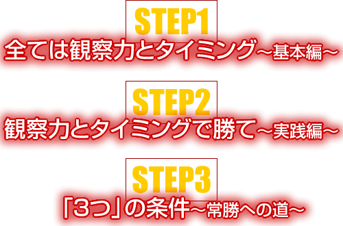 【STEP1】全ては観察力とタイミング～基本編～ 【STEP2】観察力とタイミングで勝て～実践編～ 【STEP3】「3つ」の条件～常勝への道～