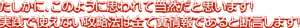 たしかに、このように思われて当然だと思います！実践で使えない攻略法は全て糞情報であると断言します！