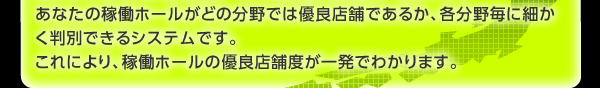 あなたの稼働ホールがどの分野では優良店舗であるか、各分野毎に細かく判別できるシステムです。 これにより、稼働ホールの優良店舗度が一発でわかります。